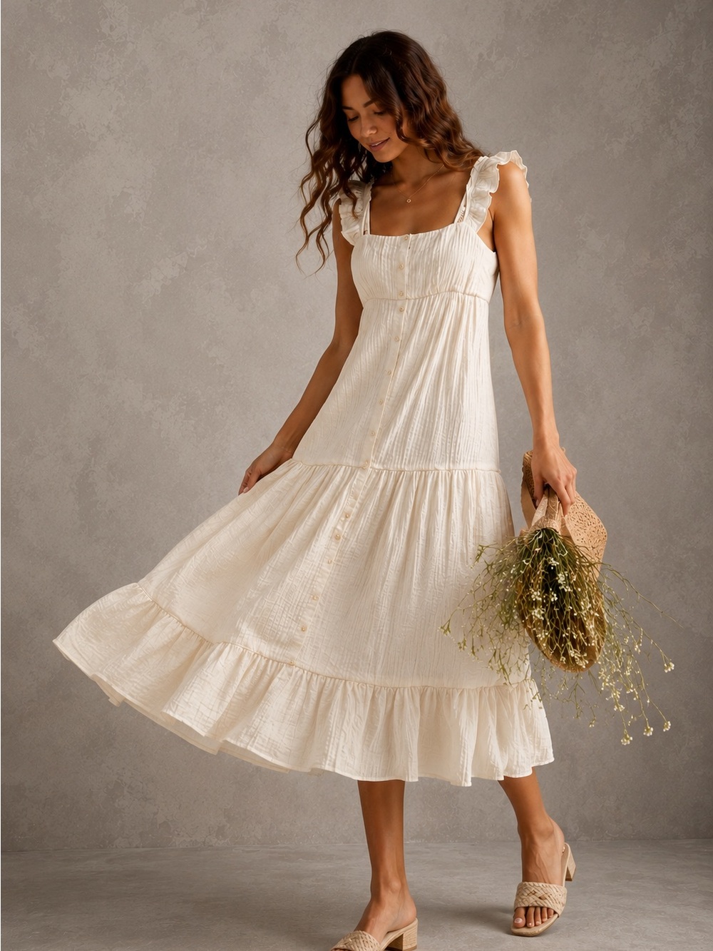 By The River NWT Cream Cottagecore Tiered Midi Dress Ruffle Strap Romantic M